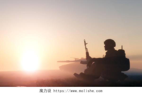 一名士兵对着太阳的剪影沉默的人战友战士
